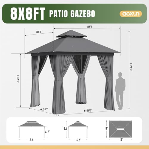 Aoxun 8x8 Outdoor Gazebo for Patio, Metal Frame Canopy Gazebo Double Roof Heavy Duty Small Gazebo, Backyard Gazebo with Mosquito Netting & Privacy Screen for Garden Lawn Deck (Grey) - color: Gray, size: 8 X 8