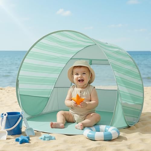 Pop Up Baby Beach Tent - Baby Tent for Beach Essentials with UPF 50+ UV Protection, Portable Sun Shade Canopy Summer Outdoor for Infants (Green Stripes) - color: Green Stripes