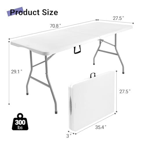Byliable Folding Table 6ft, Heavy Duty Portable Plastic Fold-in-Half Utility Table with Carrying Handle for Indoor Outdoor, Camping Picnic Party, White - color: White, size: 6FT