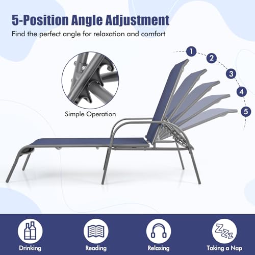 Tangkula Outdoor Lounge Chair, Patio Chaise Lounge with Adjustable Backrest, Reclining Pool Lounge Chair for Outside with Heavy Duty Steel Frame for Beach, Yard, Balcony, Poolside (Navy) - color: Navy