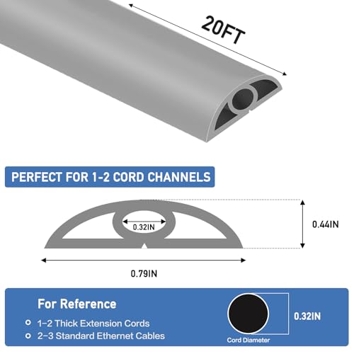 Floor Cord Cover Self Adhesive Cord Hider Floor Extension Cord Covers for Floor Power Cord Protector Cable Management Prevent Cable Trips Cable Cavity 0.32" W x 0.32" H (Grey, 20Ft) - color: Grey, size: 0.79" x 20'