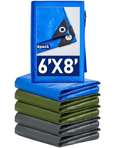 SmoothNovelty 6 Pcs Large Waterproof Tarp 6 x 8 ft Heavy Duty 5.5 Mil Thick Poly Tarpaulin with Grommets Multipurpose Protective Cover for Summer Home Boats Cars Camping Rv Pool Tent - color: Green,blue,silver, size: 6 x 8 ft