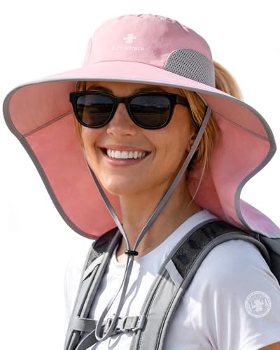 Camptrace Sun Hats for Women Men UPF 50+ UV Protection Wide Brim Hiking Fishing Hat with Neck Flap - color: 04-pink