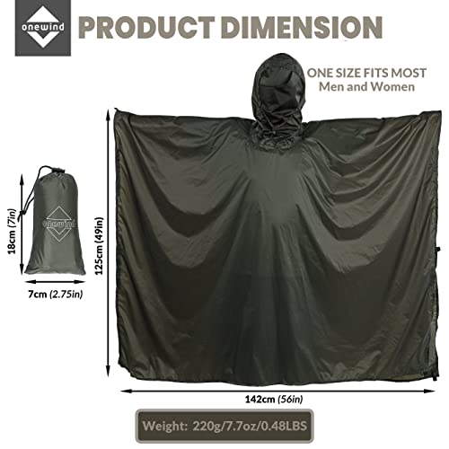 onewind Hooded Rain Poncho, Silnylon Rain Coat Versatile Survival Shelter Waterproof Breathable Lightweight Poncho - color: Od Green-89"*56" (226cm*142cm), size: Small