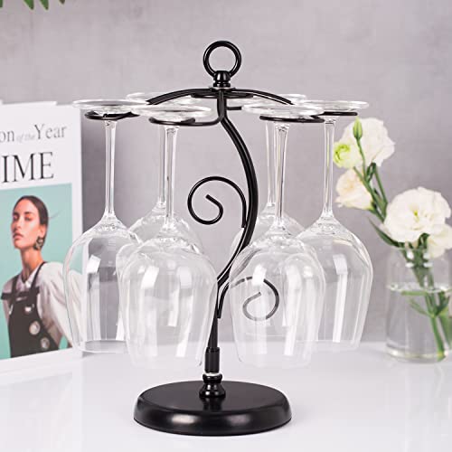 FOMANSH Countertop Wine Glass Holder - Freestanding Tabletop Stemware Storage Rack Metal Glasses Display Rack Black with 6 Hooks … - color: Black-Tree