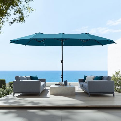 Sophia & William 15 ft Extra Large Patio Umbrella with Base Included, Rectangular Outdoor Umbrella Heavy Duty, Market Umbrella Double-sided Fade Resistant for Pool Garden Backyard, Cyan-blue - color: Cyan-blue