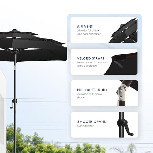 wikiwiki 9ft 3-Tier Patio Umbrella Outdoor Table Market Umbrella for Patio with Push Button Tilt/Crank, Fade Resistant Waterproof POLYESTER Canopy for Garden, Lawn, Deck, Backyard & Pool, Black - color: Black, size: 9 FT