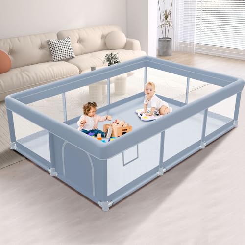 XVISHX 74 x 50 Inch Baby Playpen, Playpen for Babies and Toddlers, Baby Play Pen Playard for Indoor & Outdoor Active Center Game Fence, with Skin-Friendly Fabric and Soft Breathable Mesh, Grey - size: 74 × 50 Inch