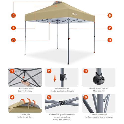 Amada 10x10 Pop Up Canopy Tent, 1-Button Push Easy-up Outdoor Canopy Beach Tent with 3-Height Adjustable Waterproof Shade Shelter, Wheeled STO-N-Go Bag 8 Stakes, 4 SandBags (Khaki) - color: Khaki, size: 10x10ft