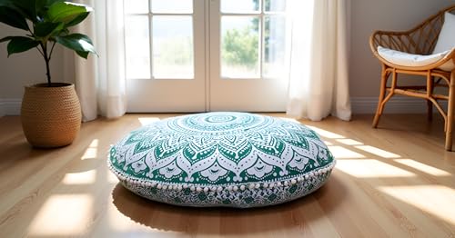 CRAFT KALA 32 Inch Meditation Floor Pillow Cover Round Pillow Seating Hippie Decorative Adults Bohemian Mandala Cushion Cover Outdoor Living Room Throw Ottoman Poufs Cover (Green Ombre) - color: Green Ombre