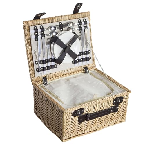 Wicker Picnic Basket for 2, Complete Picnic Set with Insulated Cooler Bag, Waterproof Picnic Blanket, Cutlery Set, Wine Glasses & More – Ideal for Outdoor Dining(4 Person Picnic Basket) - color: 4 Person Picnic Basket
