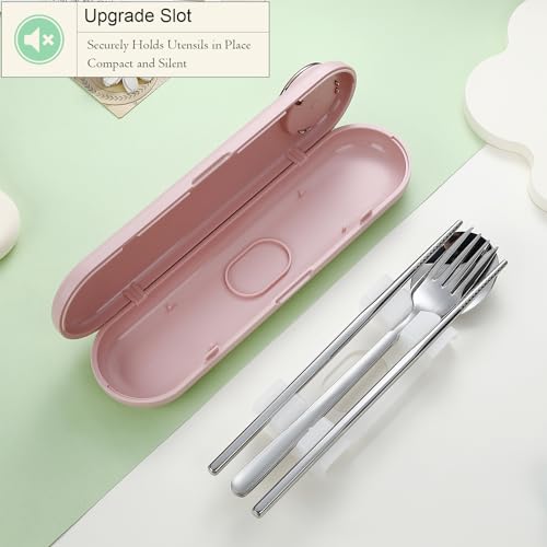 DEVICO Travel Utensils with Case Cute, Reusable Silverware for Lunch, Portable Cutlery Set, 18/8 Stainless Steel Fork Spoon Chopsticks in Cartoon Case, Dishwasher Safe (Pink) - color: Pink