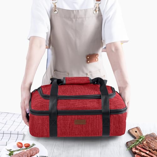 BAGSPRITE Insulated Casserole Carrier for Hot or Cold Food with Heat-resistant Mat, Fits 9" x 13" Baking Dish - color: Red, size: Style A