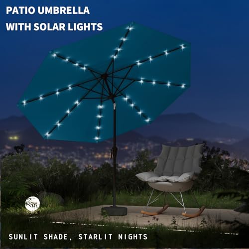 9FT Patio Umbrella with Solar Lights,Outdoor Market Umbrella with Tilt and Crank, LED Lighted Table Umbrella for Garden,Deck,Backyard,Pool,Beach - color: Lake Blue