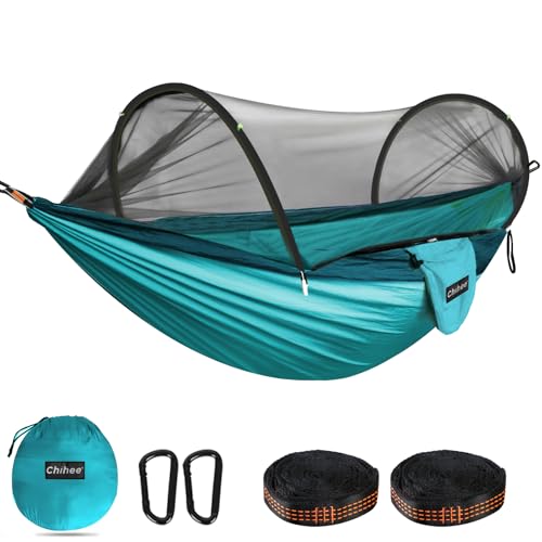 Chihee Ultra-Light Travel Camping Hammock Pop-up Net Hammock 660lbs Load Capacity,Breathable,Quick-Drying Parachute Nylon 2 Premium Carabiners,2 Tree Slings Included for Outdoor Backpacking Hiking - color: Blue/Dark Blue