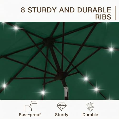Kingdura 10FT Outdoor Patio Umbrella with Solar Lights, Market Table Umbrella with Push Button Tilt & Crank, 8 Sturdy Ribs, 32 LED Lights, UV Protection for Garden Lawn Deck Backyard Pool (Dark green) - color: Dark green-LED, size: 10 Ft