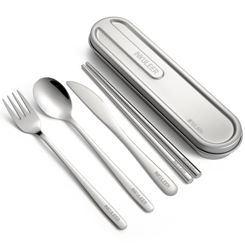 Travel cutlery set, 18/8 stainless steel cutlery, Reusable utensils set with case, Portable Silverware Lunch Box for Camping and Office-Stainless steel - color: Stainless Steel
