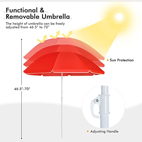 COSTWAY Double Portable Picnic Chairs, Folding Camping Chairs w/Detachable Umbrella, Cooler Bag, Cup Holders, Patio Beach Camping Chairs for Outdoors - color: Red