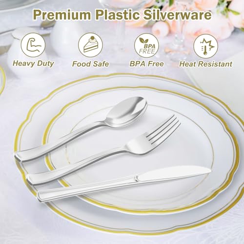Dealusy 200 Count Heavy Duty Silver Plastic Silverware, 100 Forks, 50 Spoons, 50 Knives, BPA-Free, Heat Resistant, Disposable Plastic Utensils Set Cutlery Set, Plasticware Bulk - color: Silver