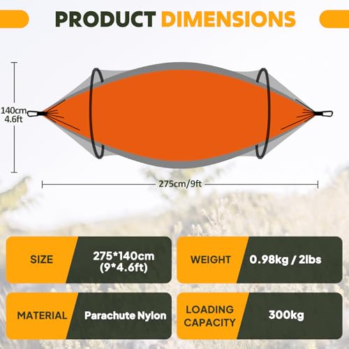 Chihee Ultra-Light Travel Camping Hammock Pop-up Net Hammock 660lbs Load Capacity,Breathable,Quick-Drying Parachute Nylon 2 Premium Carabiners,2 Tree Slings Included for Outdoor Backpacking Hiking - color: Orange/Grey