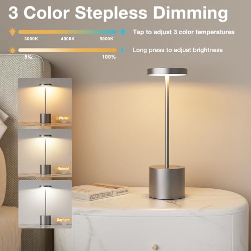 Kakanuo Grey Rechargeable Cordless Lamp - Touch Control, 3 Color Temperature, Wireless Battery Operated Lamps, Stepless Dimmable, Set of 2 - color: Gray
