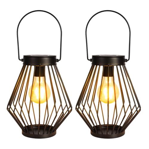 Solar Lanterns Outdoor Waterproof, 2 Pack Metal Decorative Hanging Lantern Lights with Warm White LED Bulb, Solar Powered Patio, Yard & Garden Decor, Ideal for Housewarming & Christmas Gifts