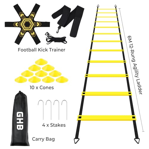GHB Pro Agility Ladder Soccer Kick Trainer Set 20ft 12 Rung 10 Cones and 4 Stakes Speed Agility Football Training Equipment with Carrying Bag - color: Yellow