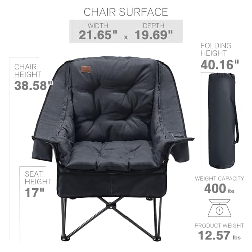 EVER ADVANCED 2 Set Camping Chair with Detachable Cushion, Mesh Chair for Adults Foldable, Oversized Heavy Duty Folding Chair with Cooler Mesh Pocket Cupholder Outdoor Fishing, Supports 400LBS Black - color: Black, size: 2 P