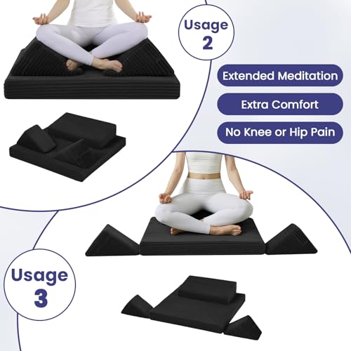 Meditation Cushion Set, Meditation Pillow for Sitting on Floor, Large Yoga Pillow with Knee Support, Washable Zafu Meditation Mat, 3 Shapes Floor Pillow for Adults, Black - color: Black