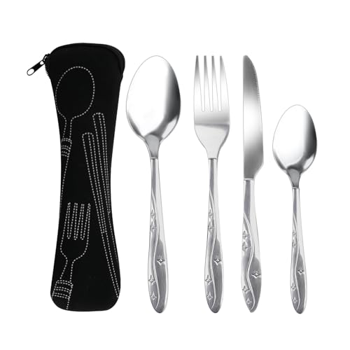 4 Pcs Cutlery Set with Portable Pouch Case, Stainless Steel Knife and Fork Flatware Set Camping Utensil Set for Picnic School Office Mirror Polished Dishwasher Safe(Black)