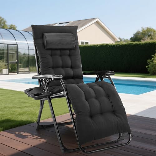 DUMOS Zero Gravity Chair, Reclining Camping Lounge Chair for Outdoor, Reclining Patio Chairs with Cup Holder Trays and Removable Cushion, Folding Recliner for Indoor, Black