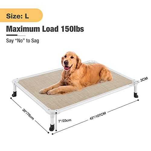 Veehoo Chew Proof Elevated Dog Bed - Cooling Raised Pet Cot - Silver Aluminum Frame and Durable Textilene Mesh Fabric, Unique Designed No-Slip Feet for Indoor or Outdoor Use, Beige Coffee, Large - color: Beige Coffee, size: 42.0"L x 30.0"W x 7.0"Th