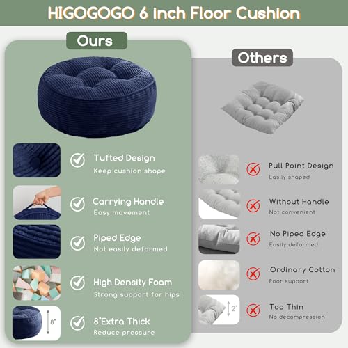 HIGOGOGO 8" Extra Thick Floor Pillow Cushion for Adults, Meditation Cushion Pillow, Large Round Floor Sitting, Tufted Corduroy Cover, for Tatami Living Room or Yoga, 22x22 Inch, 2Pack, Navy - color: Round Navy, size: 8" Thick(Pack of 2)