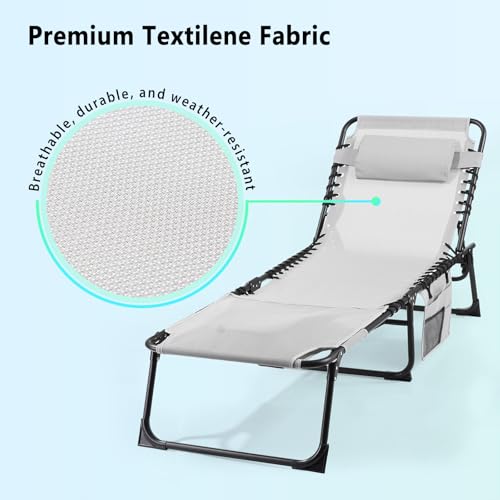 Unovivy Tanning Chairs with Face Hole Set of 2, Teslin Folding Outdoor Lounge Chair with 5-Position Reclining Back for Sunbathing, Pool, Patio, Camping - color: Grey