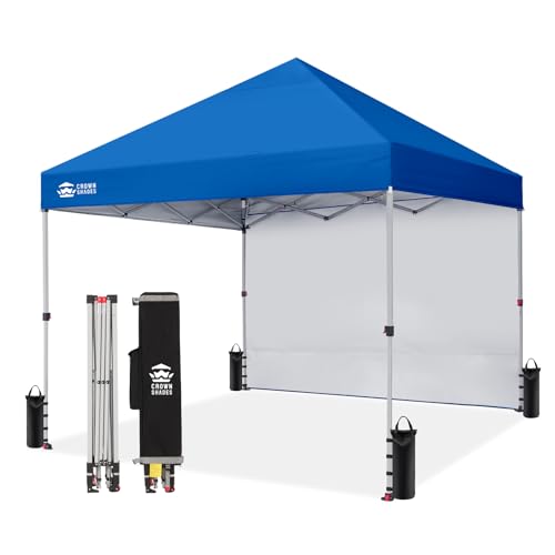 CROWN SHADES 8x8 Pop Up Canopy with 1 Side Wall - Beach Tent with One Push Setup - Outdoor Sun Shade for Events, Parties, Camping - Gazebo with STO-N-Go Cover Bag (Blue) - color: Blue, size: 8x8FT
