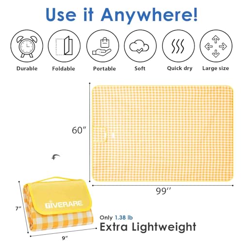 Picnic Beach Blanket Extra Large, 99x60in XL Sandproof Waterproof Outdoor Camping Blankets, Sand Free Oversized Mat, Quick Drying Portable Mats for Travel, Hiking, Music Festival, Lawn-Yellow - color: Yellow, size: 5' x 8'3"
