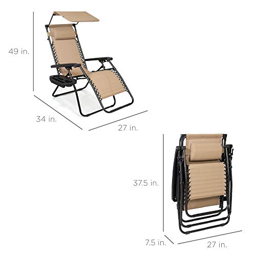 Best Choice Products Folding Zero Gravity Outdoor Recliner Patio Lounge Chair w/Adjustable Canopy Shade, Headrest, Side Accessory Tray, Textilene Mesh - Beige - color: Beige, size: Standard