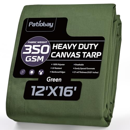 Canvas Tarp 12x16 Feet, 12 Oz Heavy Duty Water Resistant with Rustproof Grommets, UV Resistant, Multipurpose Outdoor Tarpaulin for Camping, Canopy, Woodpile, Trailer (Green) - color: Green, size: 12x16