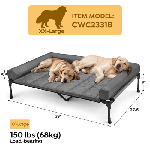 Veehoo Cooling Elevated Dog Bed Add Removable Waterproof Bolster Cushion Mat, Raised Pet Cot with Breathable Teslin Mesh, No-Slip Feet, Dog Sofa Bed for Indoor Outdoor, XXLarge, Black Silver - color: Black Silver, size: 59.0"L x 37.5"W x 9.0"Th