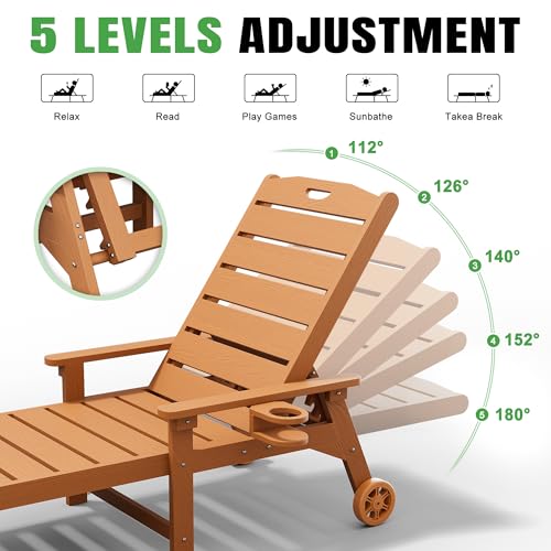 Outdoor Lounge Chair with 5-Position Adjustable, Outside Lounge Chair with Cup Holder, Wheels for Easy Mobility, HDPE Tanning Chair for Poolside, Patio, Brown - color: Brown, size: 1pc