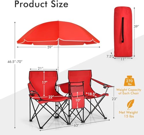 COSTWAY Double Portable Picnic Chairs, Folding Camping Chairs w/Detachable Umbrella, Cooler Bag, Cup Holders, Patio Beach Camping Chairs for Outdoors - color: Red