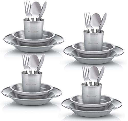 Wealers Unique Complete Messware Kit Polished Stainless Steel Dishes Set| Tableware| Dinnerware| Camping| Buffet| Includes - Cups | Plates| Bowls| Cutlery| Comes in Mesh Bags (4 Person Set) - color: Orange