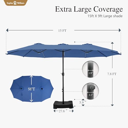 Sophia & William 15 ft Extra Large Patio Umbrella with Base Included, Rectangular Outdoor Umbrella Heavy Duty, Market Umbrella Double-sided Fade Resistant for Pool Garden Backyard, Haze Blue - color: Haze Blue