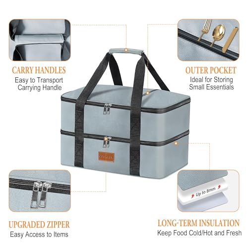 Double Decker Insulated Casserole Carrier for Hot or Cold Food, Food Warmer Bag for Potluck Parties/Picnic/Cookouts, Fits 9"x13" Baking Dish, Leak Proof Travel Food Containers, Durable Nylon, Grey - color: grey-2