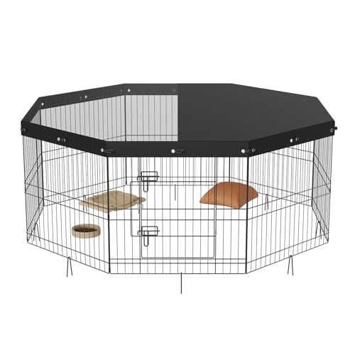 VEVOR Foldable Metal Dog Exercise Pen, Pet Puppy Playpen Yard Fence with Top Cover & Door, Indoor Outdoor 8 Panels 24" W x 24" H Dogs Crate Kennel with Ground Stakes for Small & Medium Dogs - size: 8 panels 24*24in, style: Playpen + Top Cover