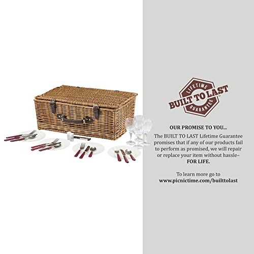 PICNIC TIME Newbury Picnic Basket for 4, Romantic English-Style Wooden Wicker Basket with Deluxe Service for 4, Fully-lined Interior, Leatherette Lid-locking Buckle, and Flat-lid Design, (Navy Blue)