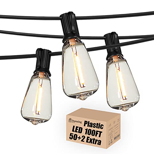 DAMAING Outdoor String Lights LED 100 FT Patio String Lights,52 ST38 Shatterproof Edison Style LED Bulbs,Vintage Plastic Outdoor Lights Waterproof for Bistro Gazebos Backyard Balcony Porch. - color: Black, size: 100 Feet