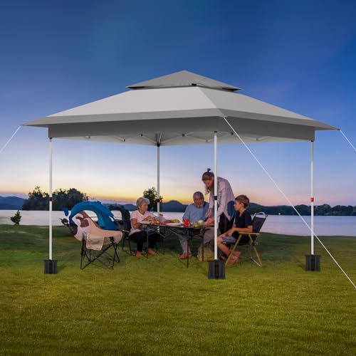 TLSUNNY 13X13 Pop Up Canopy Tent, Camping Shader W/Overhanging Eaves & Sand Bag, Outdoor Gazebo Shelter W/One Push Setup & Wheeled Bag, Height Adjustable, for Patio, Market, Party (Grey, 13FTX13FT) - color: Gray, size: 13FTX13FT