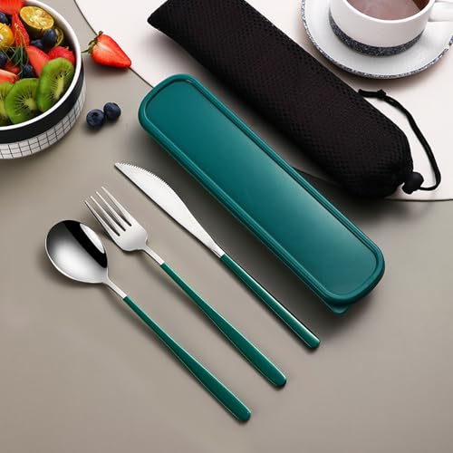 VANRA 3-Piece Portable Travel Utensils Set with Case 18/8 Stainless Steel Flatware Set Reusable Cutlery Set with Fork Spoon Knife for Lunch Travel Camping School Work Picnic (Deep Green) - color: Deep Green, size: Fork Spoon Knife