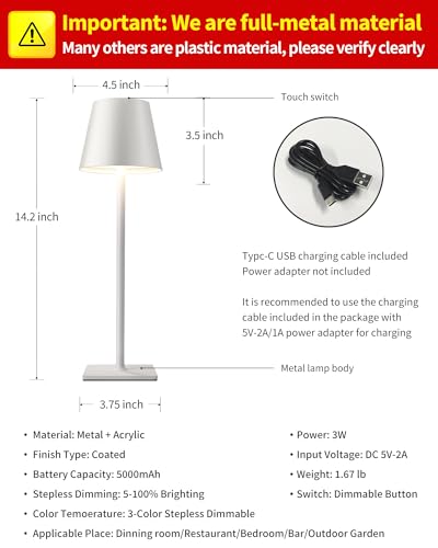 KDG 2 Pack Cordless Table Lamp, Portable LED Desk Lamp, 5000mAh Battery Operated, 3 Color Stepless Dimming Up, for Restaurant/Bedroom/Bars/Outdoor Party/Camping/Coffee Shop Night Light(White) - color: White-2